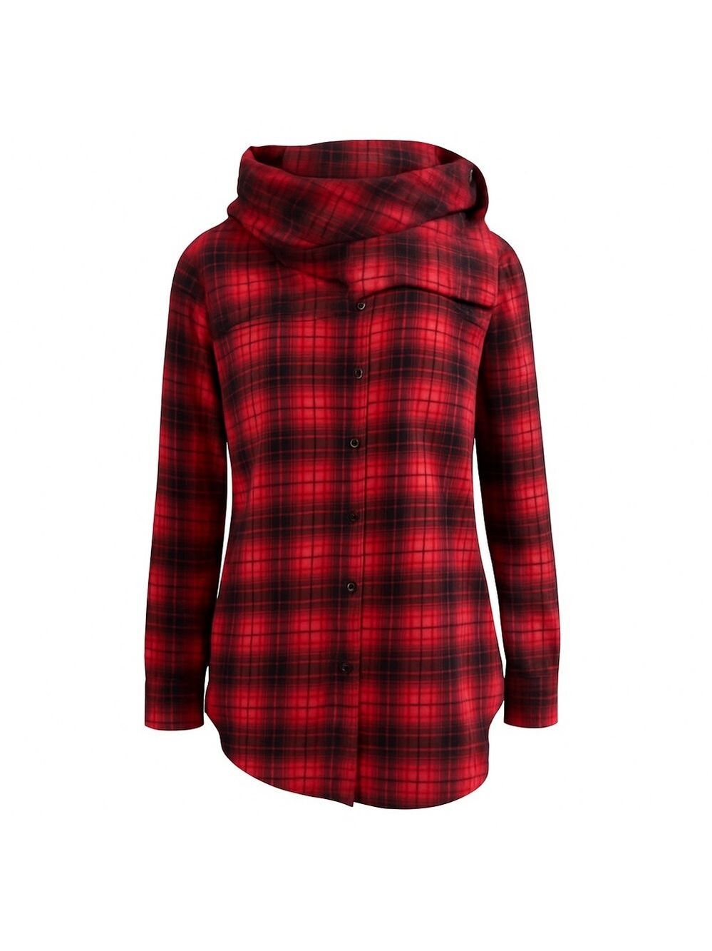 Plaid Hooded Button-Up flannel Shirt With Shawl Collar In Red & Black size Large